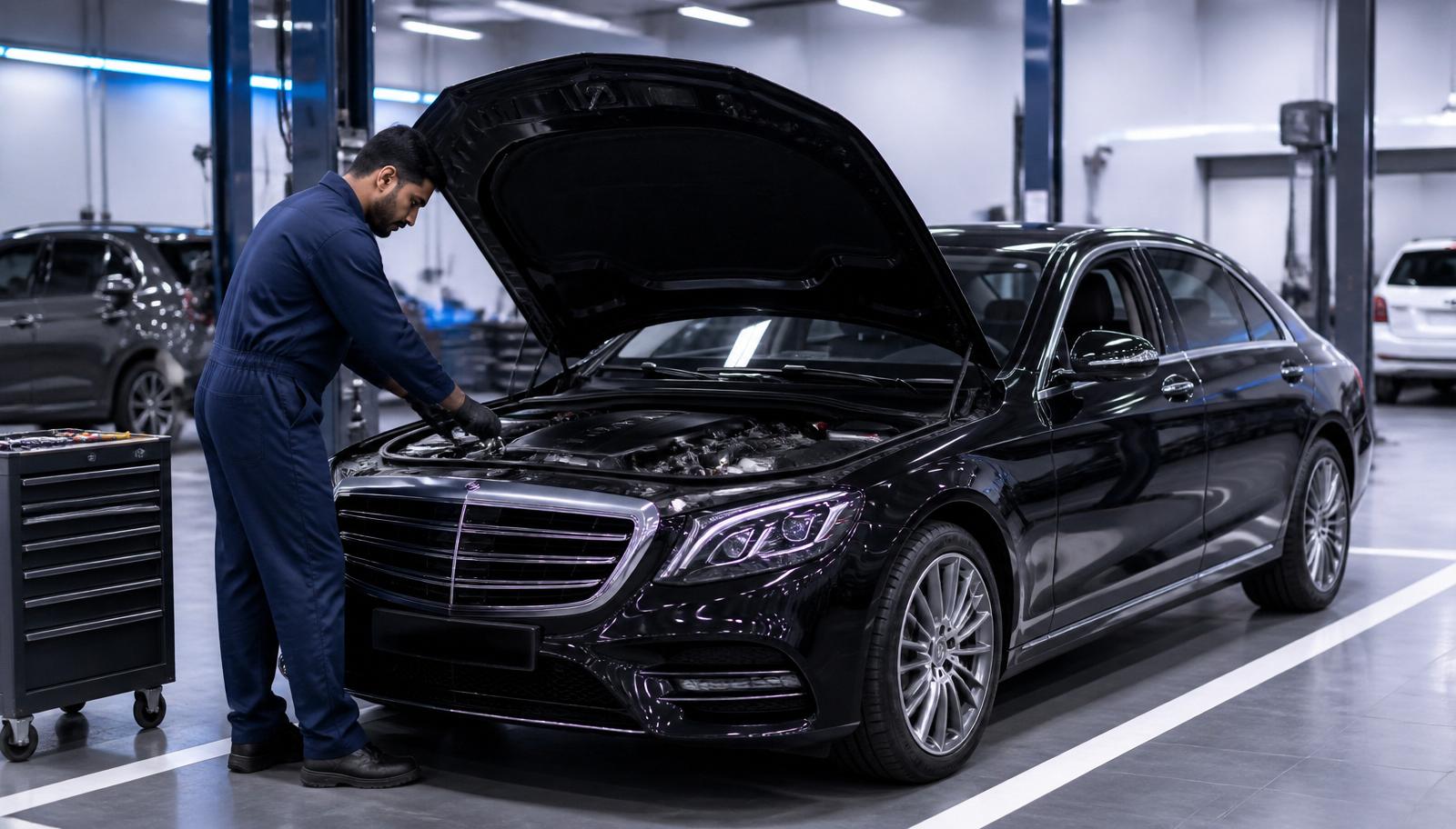 Fleet mechanic performing preventive service on an executive black luxury sedan
