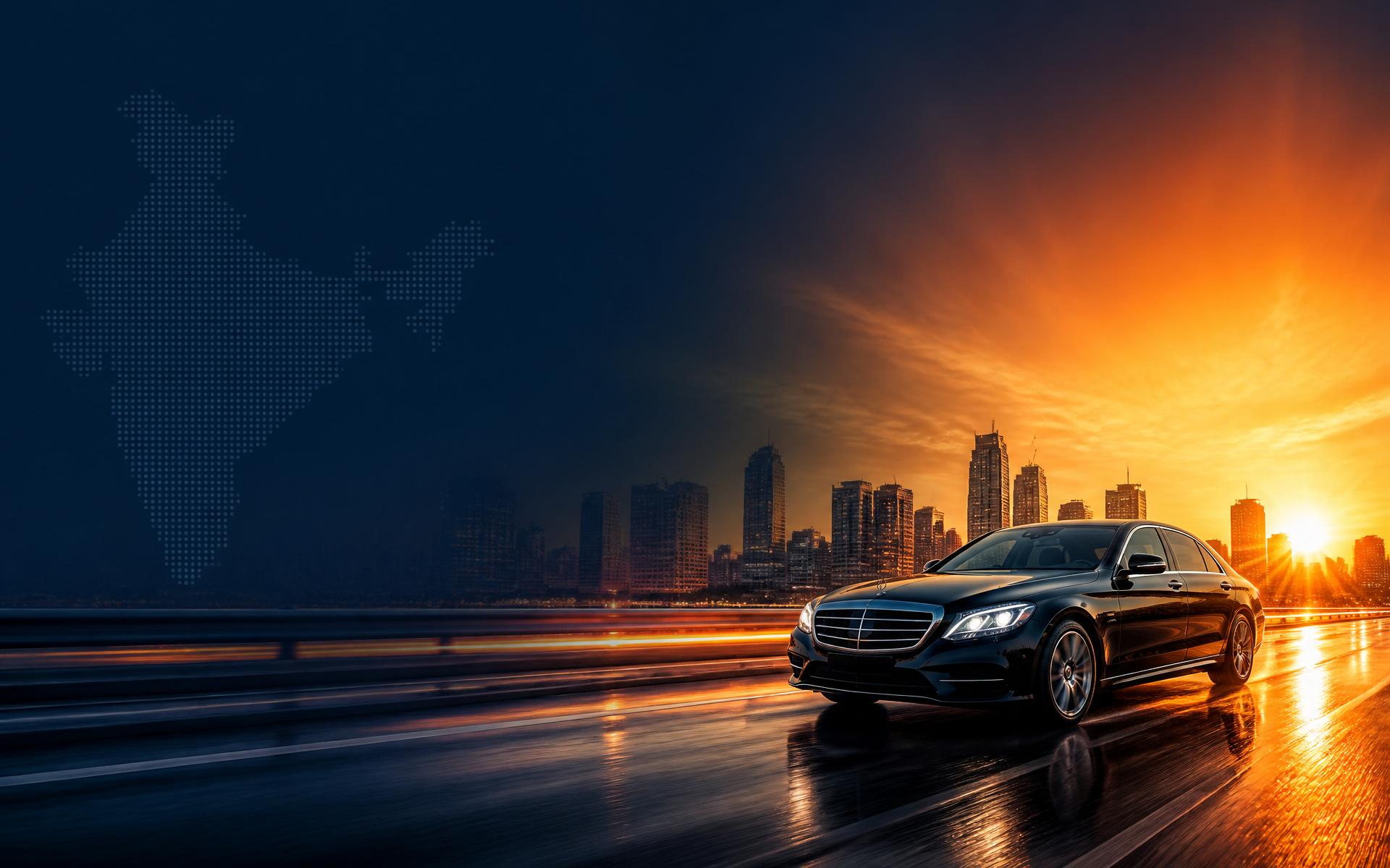 Black luxury sedan on an Indian expressway at sunset — corporate executive transport